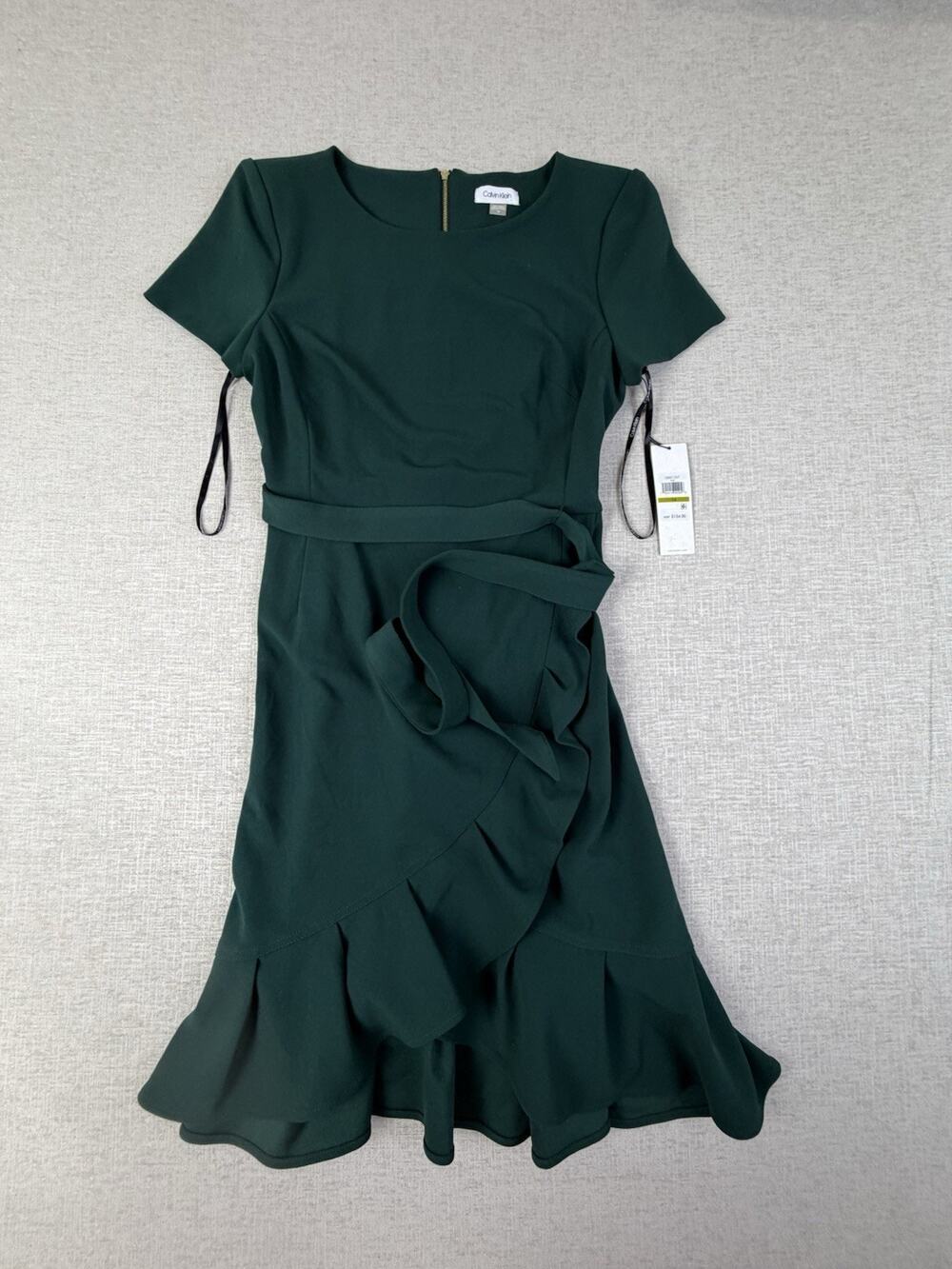 Calvin Klein Women’s 14 Green Ruffle Wrap Hem Belted Midi Dress NWT